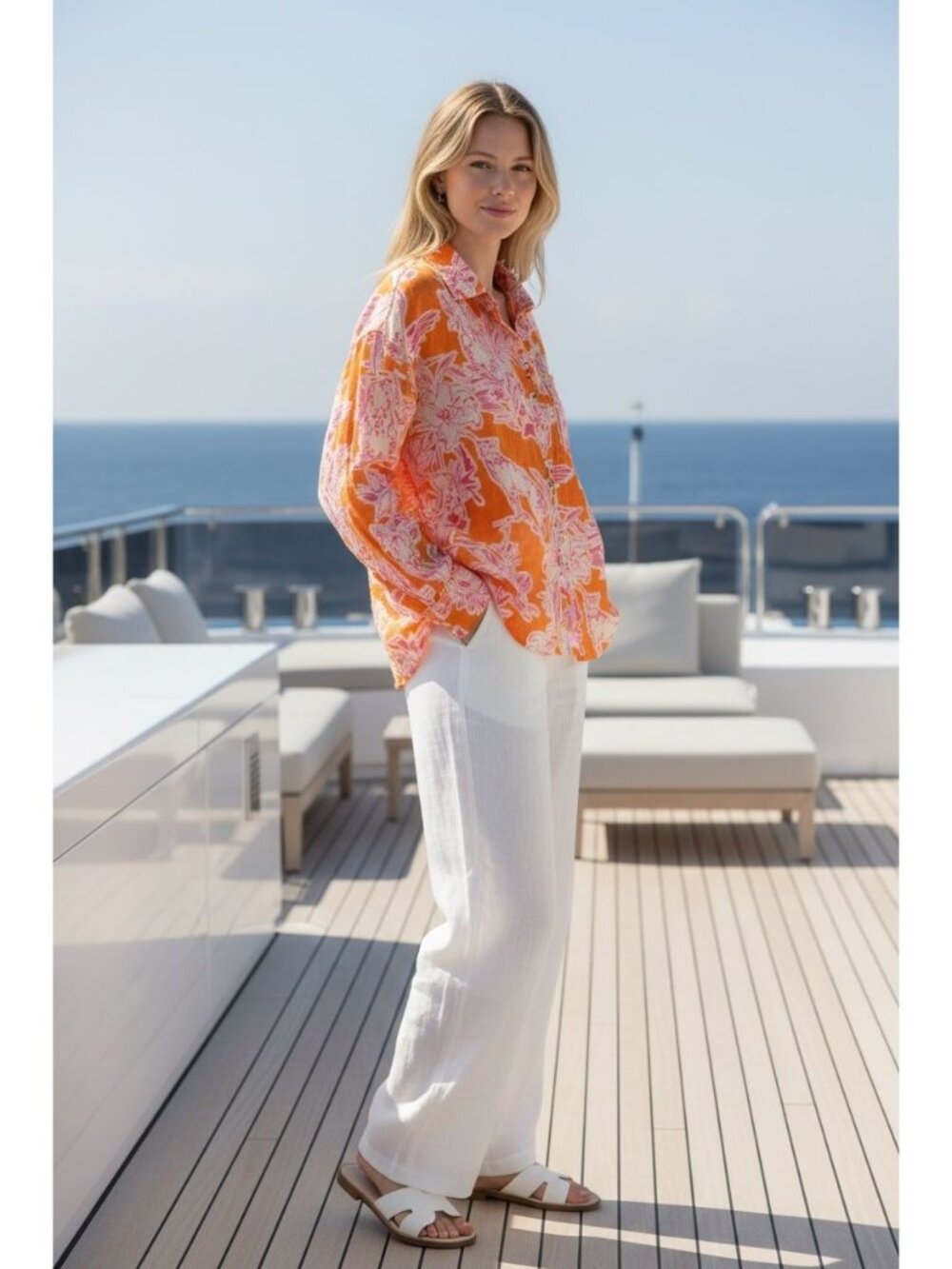 C&c California Women’s S 100% Linen Shirt Tunic Top Orange Floral Tropical Print